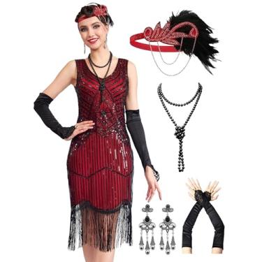 Imagem de RRYIO Vestidos melindrosa anos 20 para mulheres, mangas transparentes com contas, vestidos Gatsby, vestidos loucos anos 20, fantasias com acessórios (vermelho, P)