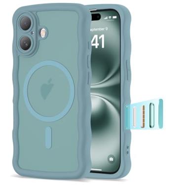 Imagem de BTBTCASE Capa compatível com iPhone 16 de 6,1 polegadas 2024, linda moldura ondulada kawaii à prova de choque translúcida fosca protetora magnética 16 para mulheres e meninas, azul
