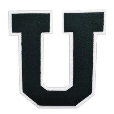 Imagem de 1 PÇ Patch de letra de chenille preto de 16,5 cm com borda branca – Remendos do alfabeto para roupas, jaquetas, mochilas, chapéus para decoração personalizada, nome personalizado e artesanato. (U)