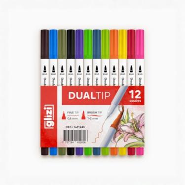 Imagem de Glizi Dual Tip, Kit de Canetas 12 Cores, Ponta Fina 0,4mm e Ponta Brush 1-2mm, para Lettering e Desenho