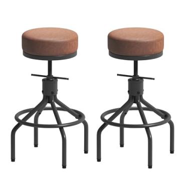Imagem de CHIDOCHILO Conjunto de 2 banquetas de bar industriais giratórias ajustáveis modernas de couro PU 71 cm frente única banco de bar de metal para ilha de cozinha (D017-marrom-2)