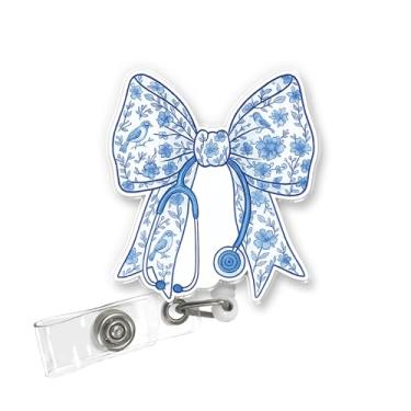 Imagem de ULTRAVUTT Carretel de crachá de enfermeira com laço floral azul – Suporte retrátil para identidade com clipe jacaré, acessório de acrílico bonito para estudantes de enfermagem, assistentes médicos
