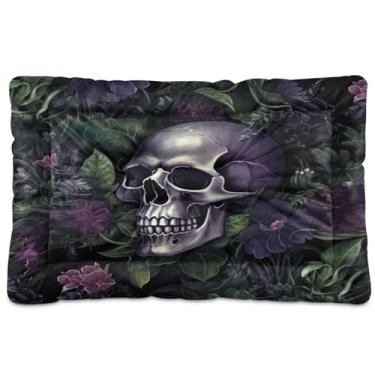 Imagem de Wassud Cama de cachorro com caveiras pretas de flores de bruxa para cães pequenos, tapete lavável para animais de estimação, cama de gato para dormir, viagens 91 x 61 cm
