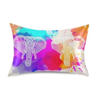 Imagem de Fronha padrão Queen King Colorida Elefante Branco Cetim Fronhas Impressão Personalizada Refrigeração Macia para Cama King Size 101,6 cm x 50,8 cm