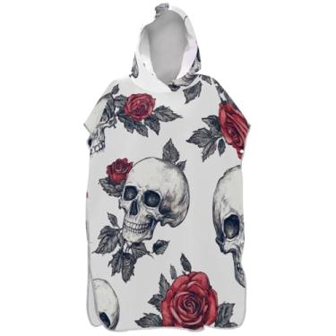 Imagem de Joisal Roupão vintage crânio rosa branco surfe trocador para toalha de natação com capuz Adul plus size ponchos femininos com capuz