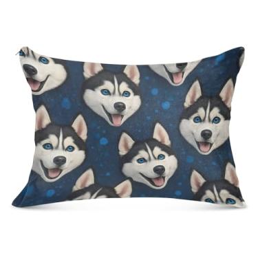 Imagem de Capas de almofada de flanela grandes azuis escuras com desenho animado com cabeças de cachorro decorativas longas King Queen tamanho padrão fronhas macias para cama, tamanho do corpo, 53 cm x 137 cm