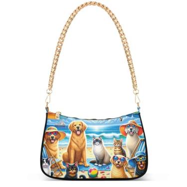 Imagem de Bolsas femininas de inverno com pintura de trem da vila fofas pequenas bolsas femininas bolsas femininas com corrente de ombro bolsas de ombro festa, Cães gatos férias de verão na praia