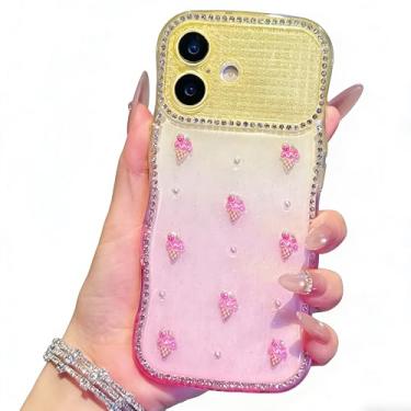 Imagem de IDYStar Capa para iPhone 16 fofa 3D epóxi morango sorvete com moldura brilhante ondulada, brilho gradiente, antiamarela, à prova de choque, capa protetora para iPhone 16 de 6,3 polegadas, dourado/rosa