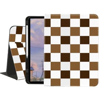 Imagem de Capa quadriculada para iPad Pro de 13 polegadas (M4) 2024, capa fólio texturizada xadrez marrom chocolate com suporte para lápis, vista em vários ângulos, suporte ajustável, despertar/hibernar