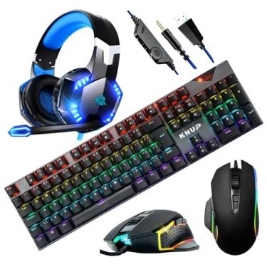 Imagem de Kit Gamer Teclado Mecanico Fullsize Ant-ghost + Headset Fone Mic 50mm P2 USB + Mouse 7 Botões 4800 dpi - LED RGB (Azul)