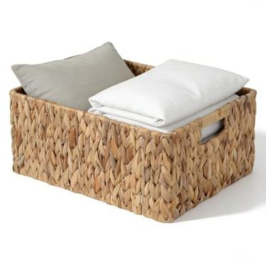 Imagem de Suptinwear Cesta de vime grande jumbo, cesta extra grande de armazenamento de jacinto de água com alças, cesta retangular de tecido de vime para prateleiras, armário e sala de estar, 40 cm P x 32 cm L