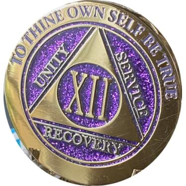 Imagem de RecoveryChip Medalhão AA de 12 anos, elegante, purpurina, dourado, sobriedade, lasca, serenidade, oração nas costas XII