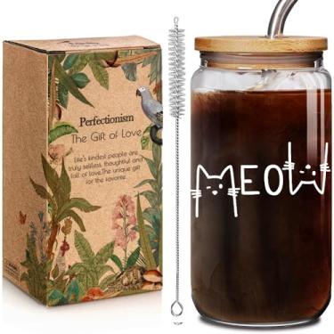 Imagem de Enanaimg Cute Meow Cat 473 ml Copos de vidro com tampas Canudos presentes para mãe de gato, presentes para amantes de gatos para mulheres, meninas, amantes de gatos, melhor amiga, copo de café gelado