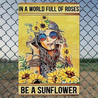 Imagem de Girassóis coroa hippie estilo menina rústica arte de parede de alumínio e placa de metal - 20 x 30 cm vintage decoração interna ao ar livre para casa, escritório, café, quintal e jardim, fazenda