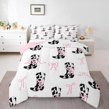 Imagem de Manfei Conjunto de edredom casal cowgirls, com estampa de vaca com laço rosa, 3 peças, edredom branco com desenho de caubói ocidental, com estampa de laço e laço branco, 2 fronhas, sem lençol