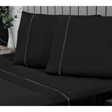 Imagem de Jogo de Lençol Casal Percal 400 Fios 4 Peças – Lençol com Elástico, Antiácaro, Anti-Pilling, Ponto Palito(Preto)