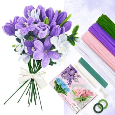 Imagem de Conjunto de 400 peças de limpeza de cachimbo, 4 cores hastes de chenille artesanato criativo limpadores de cachimbo flores para buquês de artesanato DIY, decorações de férias (Roxo)