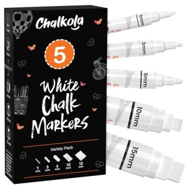 Imagem de Chalkola 5 marcadores de giz brancos para placas de quadro-negro, janela de carro, bistrô, vidro | Pacote com 5 variedades – canetas de giz líquido apagáveis de ponta fina, negrito e jumbo (1 mm, 3 mm