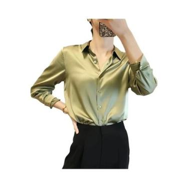 Imagem de Blusas Femininas Elegantes com Manga Longa, Acabamento em Cetim e Botõ