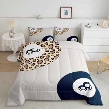 Imagem de Erosebridal Jogo de cama Queen Lucky com 8 bolas, moderno, estampa de leopardo, colcha safári, guepardo, moderno, geométrico, moderno, coquete elegante, Y2K, lençol de edredom, azul, cinza, marrom