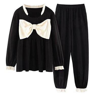 Imagem de Pijama feminino pijama preto laço para mulheres outono inverno roupa de casa conjunto de roupa de casa GG (Cldr8607 X)