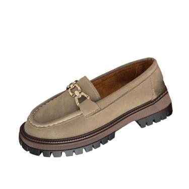 Imagem de Mocassins femininos de salto grosso, bico redondo, sapatos casuais de salto médio com sola plataforma para uso versátil, Caqui, 35