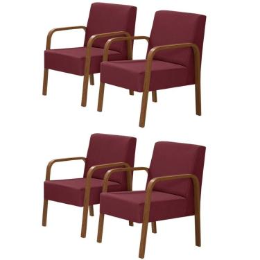 Imagem de Kit 4 Poltronas 1 Lugar Luna Pé Madeira Suede Bordô