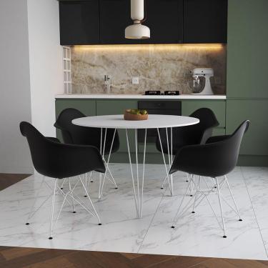 Imagem de Mesa Jantar Redonda 110Cm Branca Clips 3 Pés Com 4 Poltronas Pretas Ferro Branco - Cor: Branco