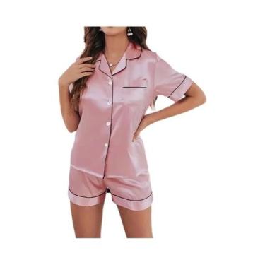 Imagem de Conjunto De Pijamas De Seda Satinada Feminino 2 Peças Com Botões, Roup