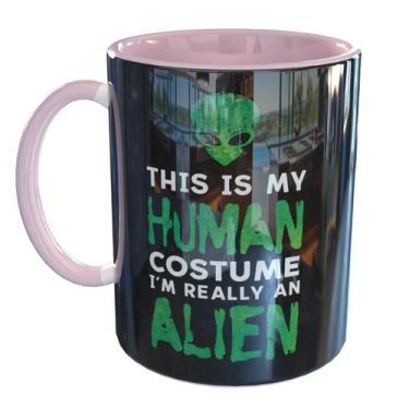 Imagem de Caneca Porcelana Alien Humano Engraçada Et - Pense Canecas, Rosa Claro