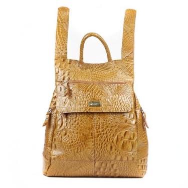 Imagem de Mochila Feminina Meyre em Couro Legitimo Croco, Caramelo