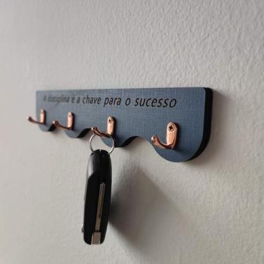 Imagem de Porta Chave Parede MDF 4 Ganchos Disciplina Bicolor Azul e Rosê Sem Fu