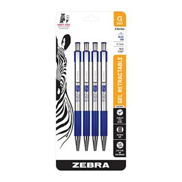 Imagem de Zebra Pen Pacote com 4 canetas de gel G-301, tinta azul, ponta média de 0,7 mm, barril de aço inoxidável, aderência texturizada confortável, clipe de metal seguro, comprimento curto para fácil