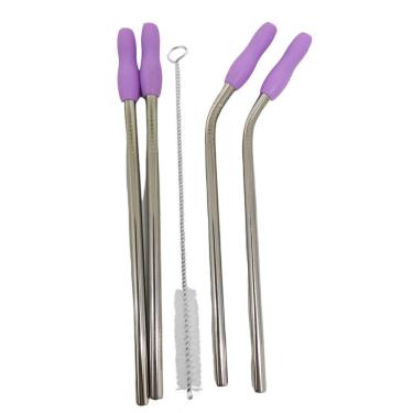 Imagem de Canudo Aço Inox Kit 4 Peças Reutilizavel MilkShake Vitamina Bebida Reto Curvo Ponteira de Silicone Escova de Limpeza Sustentavel Ecologico