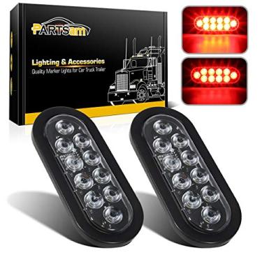 Imagem de Partsam 2 peças de luzes traseiras de reboque de LED vermelho oval de 15 cm 10 diodos lentes transparentes para parar, luzes de freio, argolas e rabos submersíveis 12 V seladas para caminhões de trailer, 6 luzes traseiras de LED oval transparentes