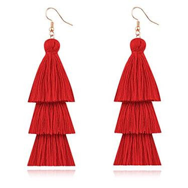 Imagem de CHUNYANAN Brincos pendentes com borla amarelo vermelho de 3 níveis brincos de moda boêmio para mulheres adolescentes meninas presentes de festa de namorados (brincos pendentes com borla vermelha), Metal, n/p