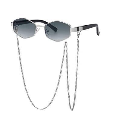 Imagem de Óculos de Sol Quadrado Pequeno Corrente Irregular Para Mulheres Óculos de Sol com Corrente Gradiente Óculos de Liga Feminina Uv400, cinza prateado, com estojo