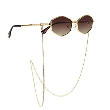 Imagem de Óculos de sol de corrente irregulares pequenos quadrados para mulheres Óculos de sol de corrente gradiente Óculos de liga feminina Uv400, chá duplo dourado, com estojo