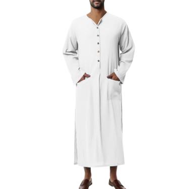 Imagem de MANYUBEI Roupão masculino muçulmano, roupas étnicas do Oriente Médio, Sudeste Asiático Dubai solto casual manga longa gola redonda estilo camisa roupão lounge, 2GG, branco