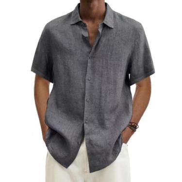 Imagem de PEVOSU Camisa social masculina casual abotoada manga curta verão camiseta praia linho textura camisas, Cinza, GG