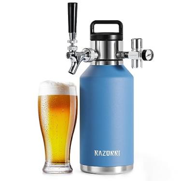 Imagem de Razorri Growler de cerveja de aço inoxidável de 1,814 g, barril carbonatado isolado a vácuo de parede dupla com torneira de barra profissional e regulador de CO2 pressurizado, 0,5 galão, azul oceano