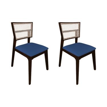 Imagem de Kit 2 Cadeiras de Jantar Manuela em Tela Assento Veludo Azul Base em Madeira Maciça - Castanho