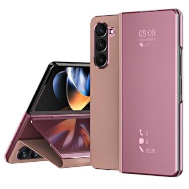 Imagem de POYUFRG Capa flip para Samsung Galaxy Z Fold 6, Smart Clear View Makeup Mirror Plating Hard PC Kickstand Slim Leather Capa protetora de corpo inteiro, rosa