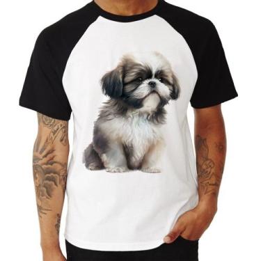 Imagem de Camiseta Raglan Cachorro Shih Tzu Filhote - Foca na Moda, Branco, Pret