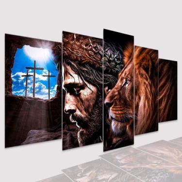 Imagem de Quadro Decorativo mosaico Leão Cruz Jesus Religioso FÉ Oração - Dropx4