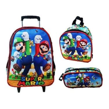 Imagem de Kit Mochila Mario Bros Rodinhas Infantil Estojo Lancheira T3 - Ponto v