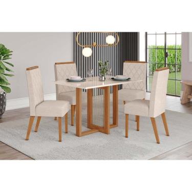 Imagem de Conjunto: Mesa de Cozinha Natalí c/ Tampo Madeirado c/ Vidro Reto 120x80cm e 4 Cadeiras Nina Nature/Suede Light Linho - Henn