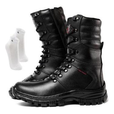 Imagem de Kit Bota Coturno Militar Cano Longo Couro Legitimo + Meia - Bota para 