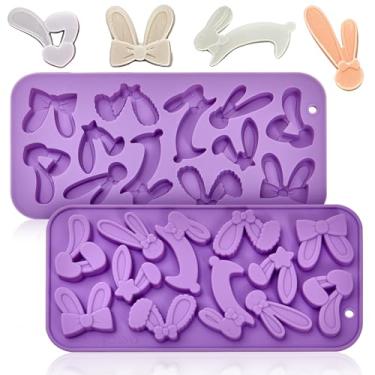 Imagem de Moldes de silicone de coelho de ovo de Páscoa, pacote com 2 moldes de fondant de chocolate com orelhas de coelho para decoração de bolos, cobertura de cupcake, pasta de chiclete - roxo