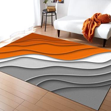 Imagem de Tapetes de área gradiente laranja tapete retangular antiderrapante 1,5 x 2,1 m, abstrato geométrico laranja cinza praia ondas do mar tapetes de borracha tapete contemporâneo decoração de casa tapete